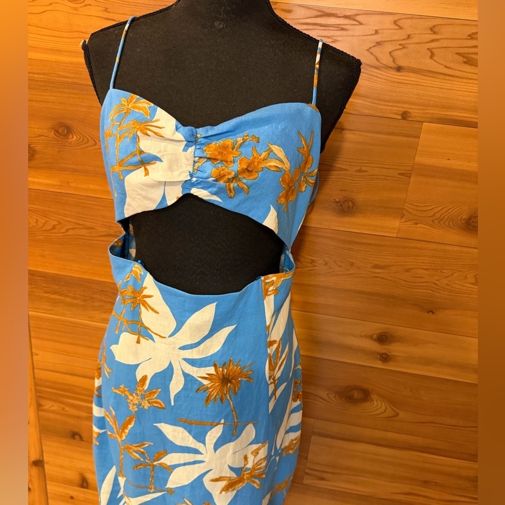 Zara Tropical Floral Blue Linen Blend Cut Out Front Slit Dress - Picture 5 of 13